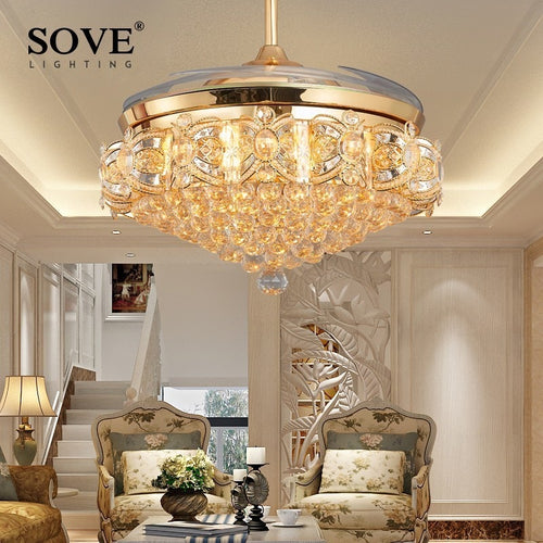 52inch LED Crystal chandelier fan lights living room modern fan with remote control ventilateur plafonnier ventilador de techo