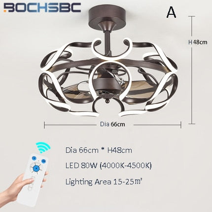 BOCHSBC Modern LED Ceiling Fan Light Aluminum Remote Control Inverter Fan Hanging Lamp for Restaurant Bedroom Living Dining Room