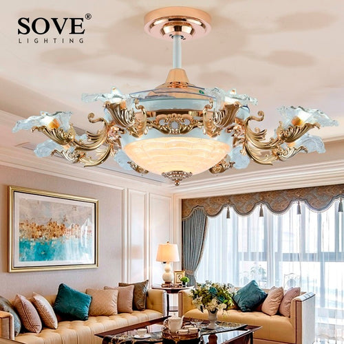 European Modern LED E14*8 Invisible Retractable Ceiling Fans With Light Living Room Folding Ceiling Fan Lamp Remote Control