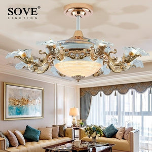 European Modern LED E14*8 Invisible Retractable Ceiling Fans With Light Living Room Folding Ceiling Fan Lamp Remote Control