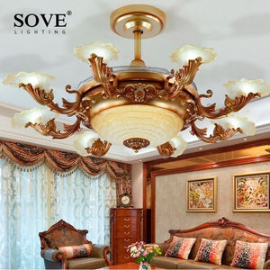 European Modern LED E14*8 Invisible Retractable Ceiling Fans With Light Living Room Folding Ceiling Fan Lamp Remote Control